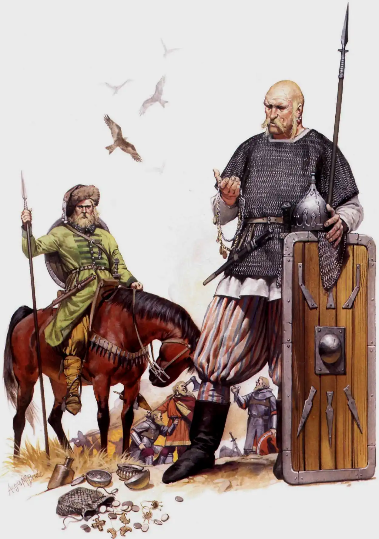图中前方的骑马者和持盾者都是维京人，但是他们的服饰和盔甲却是斯拉夫风格的，这些都是从维京人在东方的贸易线路传入瑞典比尔卡，并且被维京人所装备的