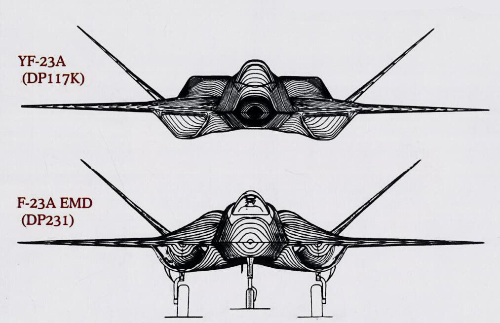 对比YF-23，F-22A EMD的发动机舱除了厚度更薄外，机背发动机舱外形也更圆润，截面积明显缩小。
