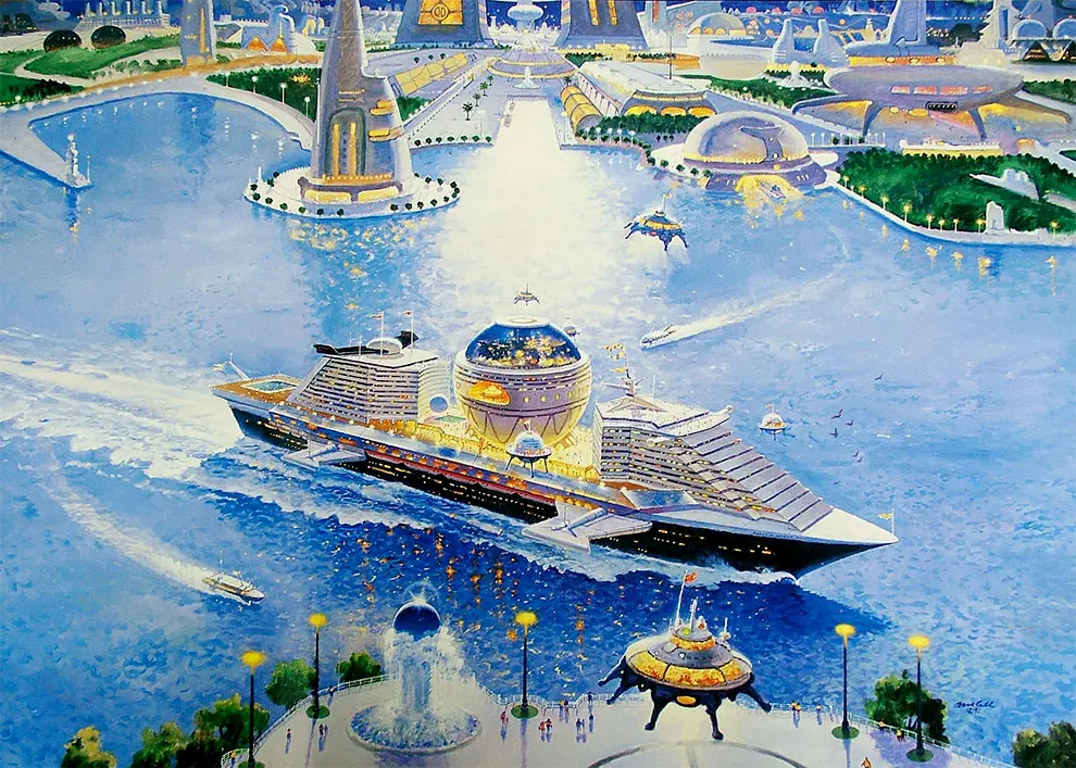 黄金年代、太空时代对未来的璀璨幻想，启发了早期的复古未来主义。如今已经成为了复古未来主义的一个标志。