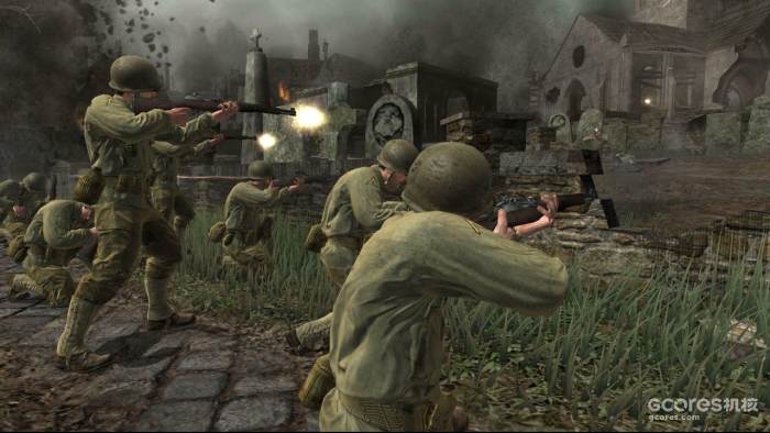 COD3战役第一关就向玩家展示了夸张的同屏人数和战场环境