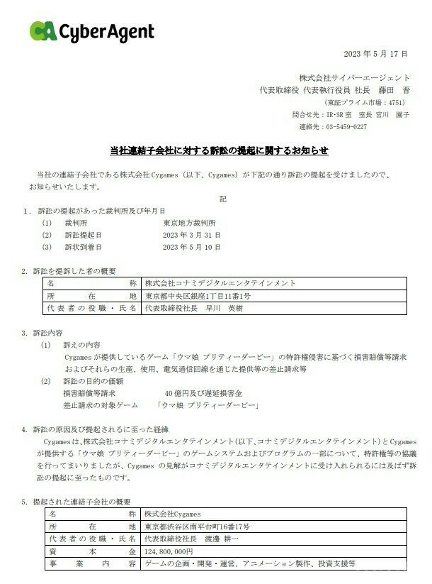 KONAMI起诉Cygames侵权,要求赔偿并关停游戏《赛马娘》 KONAMI起诉Cygames侵权,要求赔偿并关停游戏《赛马娘》