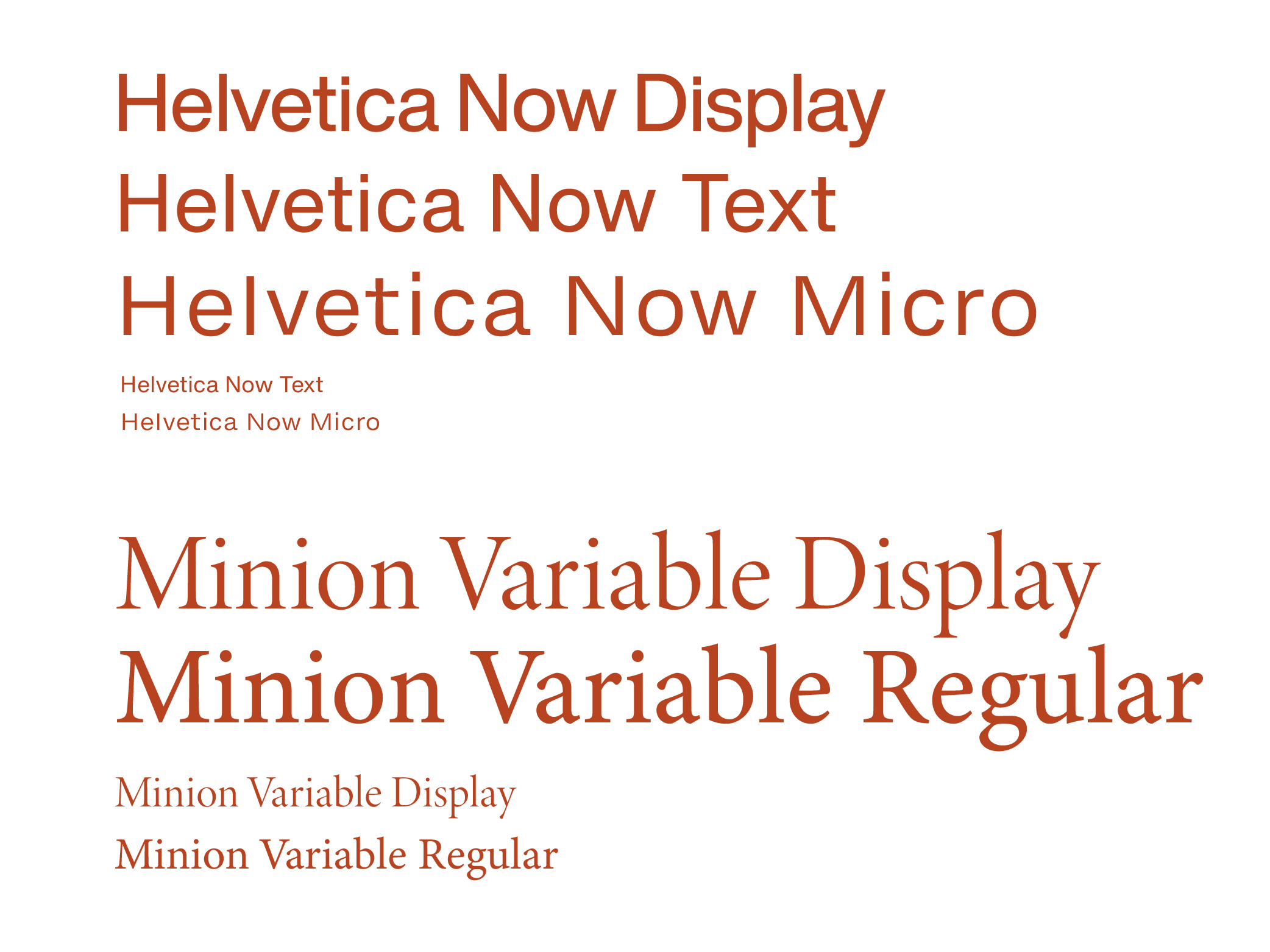 Helvetica Now 和 Minion 两套字体家族的视觉字号和实际字号对比