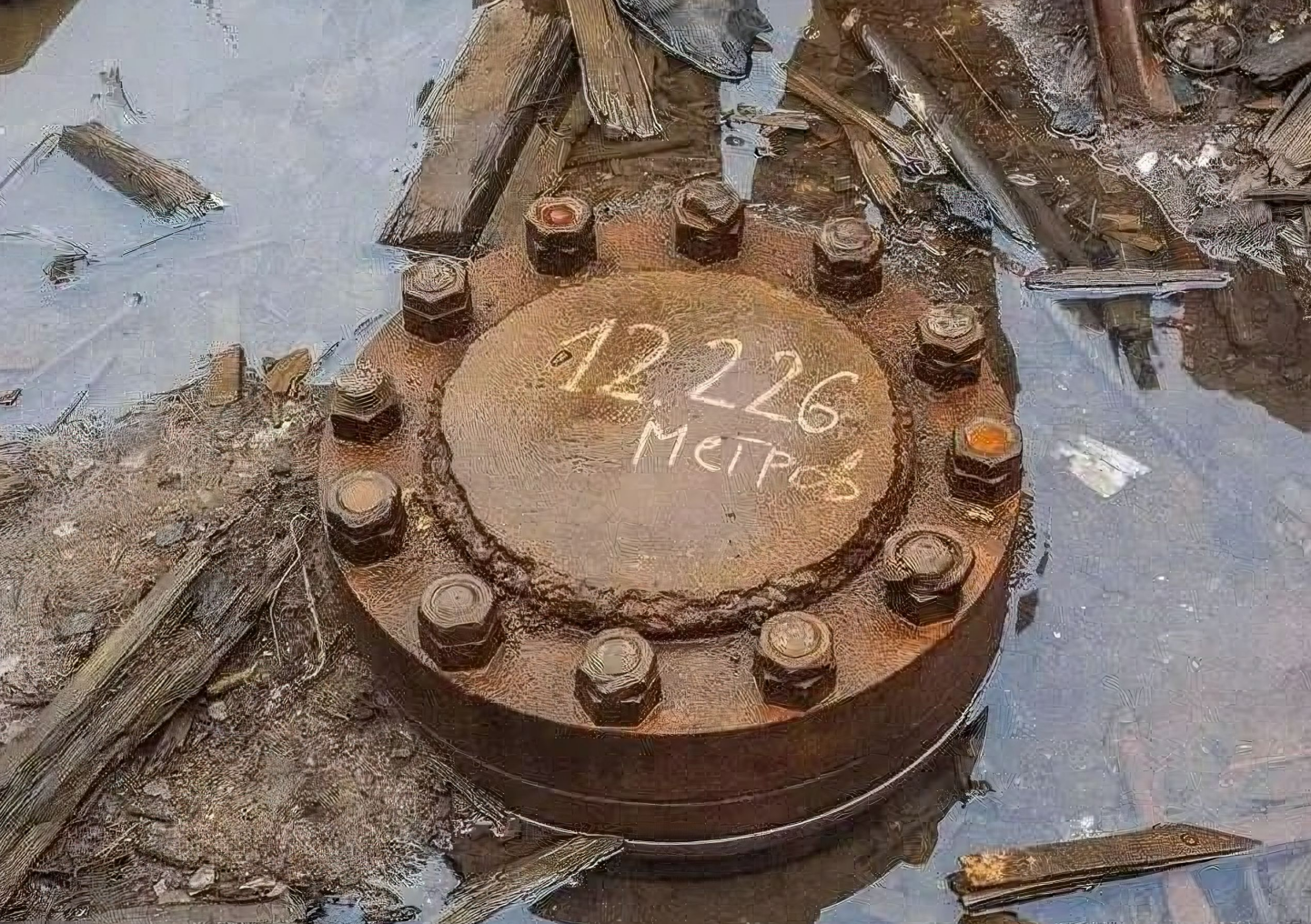科拉鑽孔遺址照片，上方寫著最後的鑽探深度。在蘇聯解體後的兩年裡，仍然在鑽探作業。