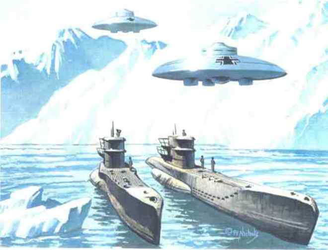 插画，前往南极基地的纳粹飞碟和U艇，德国确实曾经在南极洲拥有一块叫“新施瓦本”的属地，然而并没有在这里建设任何基地