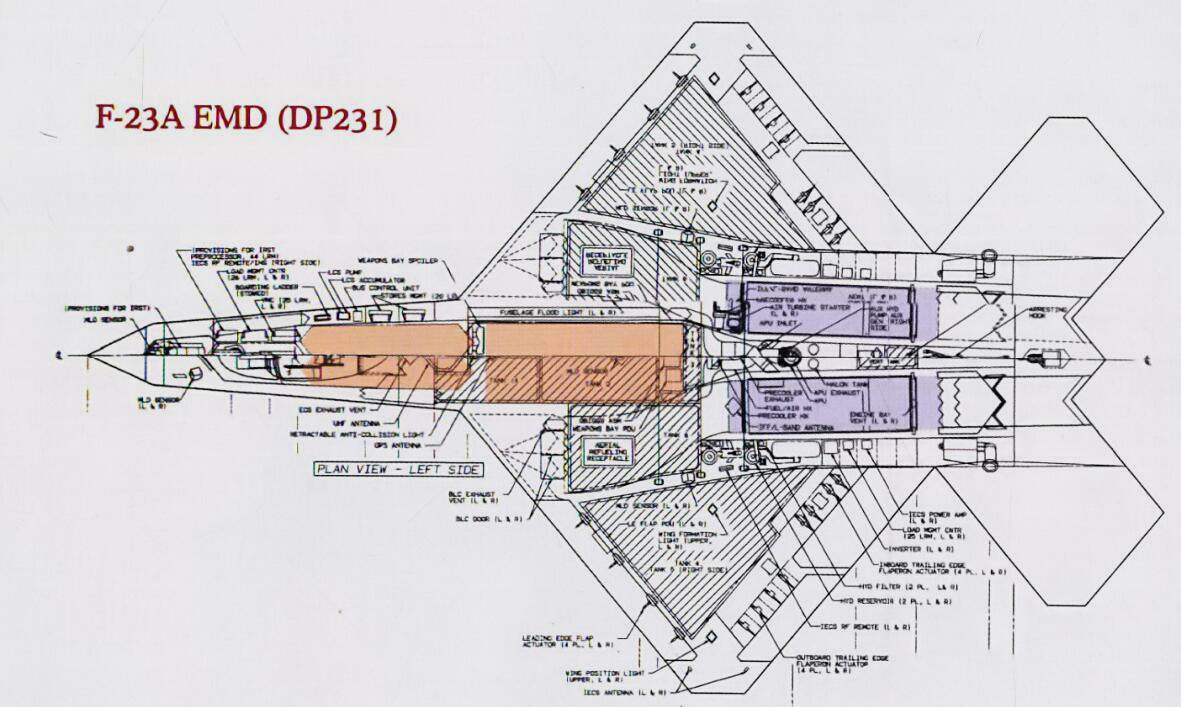 在F-23A EMD设计提案中，弹舱被修改为了厚度较薄但是分为前后两个弹舱的双武器舱设计。