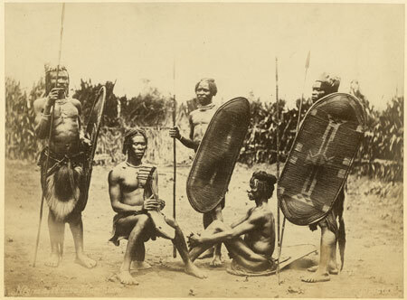 Zande men with shields, harp