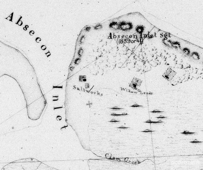 1841年美国海岸勘测地图的细节部分,覆盖了阿布西肯湾和周边地区,显示了杰里迈亚·利兹在阿布西肯海滩上的最后一处住所的位置,后来由他的遗孀米利森特·英格索尔·利兹居住。根据霍尔的说法,这个位置大约在大西洋城的马萨诸塞大道和波罗的海大道的交汇处。