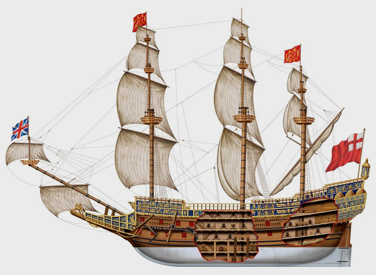 海权号，三甲板106炮的海上巨兽。有趣的是此船在英格兰共和国时期曾改名为主权号（Sovereign），查理二世复辟时又改名为君权号（HMS Royal Sovereign），也可反映出英国政局的变化