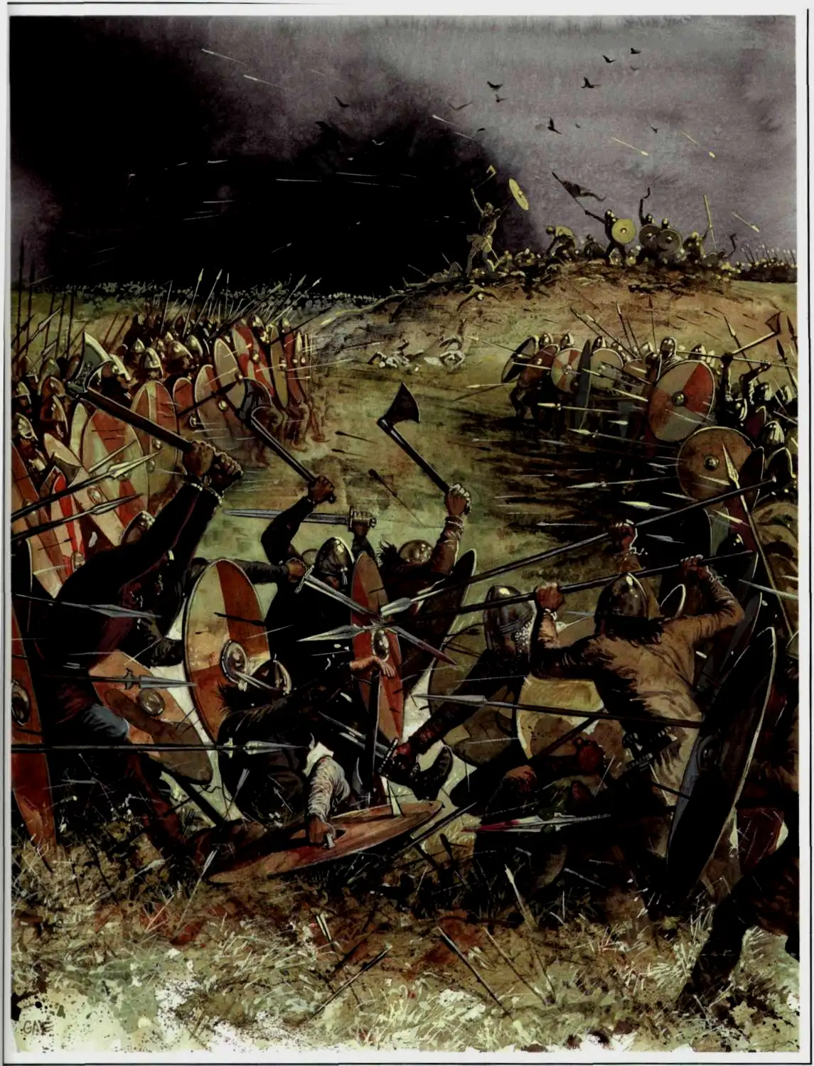 以盾墙阵势交战的撒克逊人（左）和维京人（右），受到维京人的影响，战斧也开始成为撒克逊人的武器