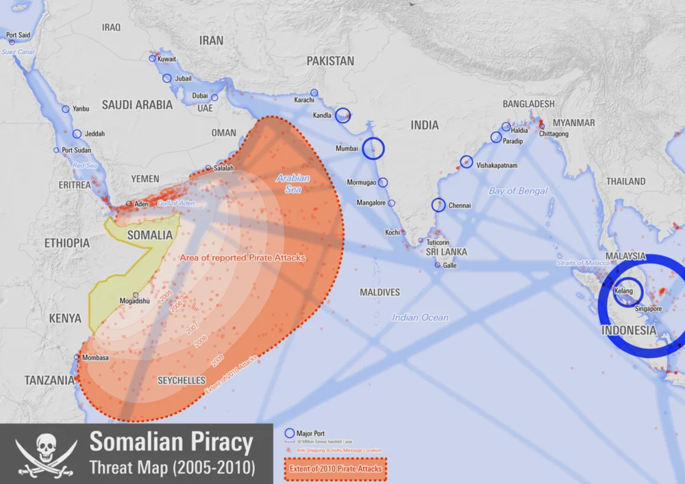 2005到2010年索马里海盗的活动范围
