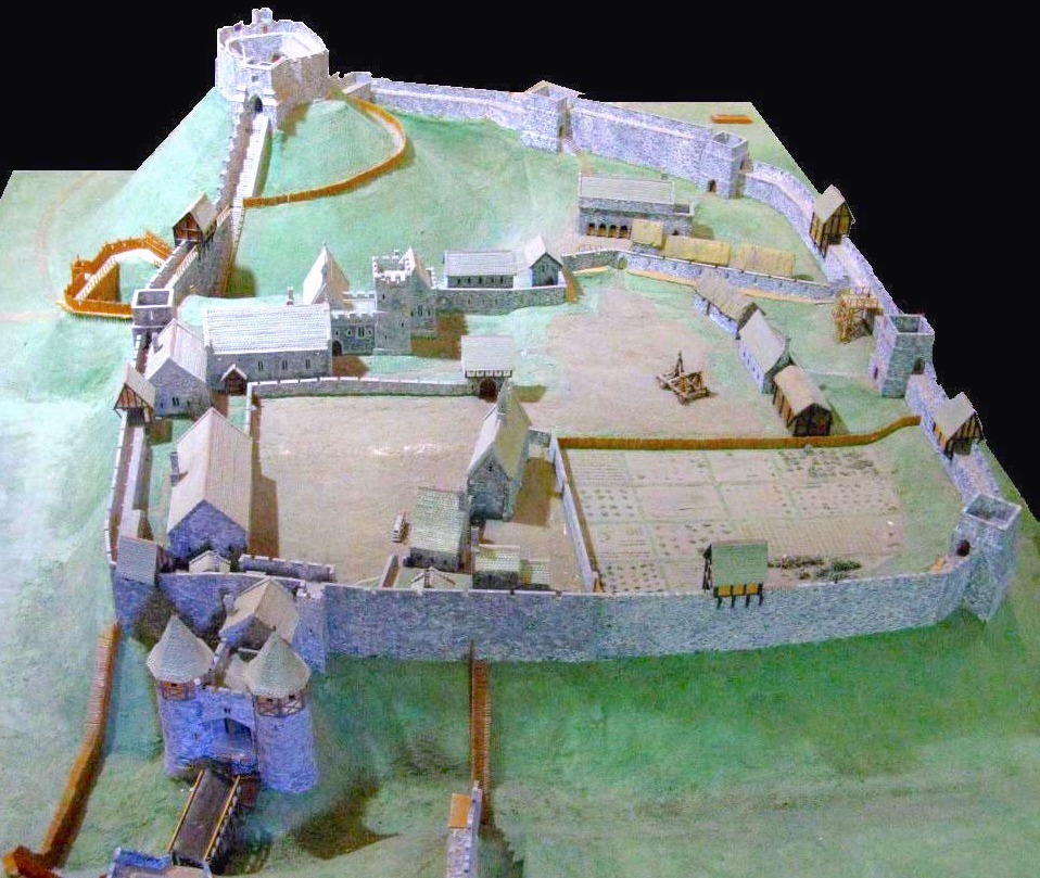▲图：卡里斯布鲁克城堡14世纪时的重建图，显示了土堤和堡场城堡的石头版本。