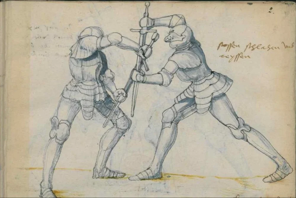 披甲剑术——半剑的古抄本示意图。双方都把长剑用成了撬棍。