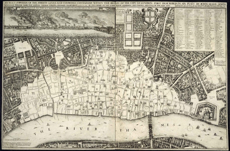 图 3. 约翰-利克的《伦敦市废墟内街道、小巷和教堂的精确测量》（1667 年出版）© 公共领域，大英图书馆，制图项目地图 Crace Port。1.50.
