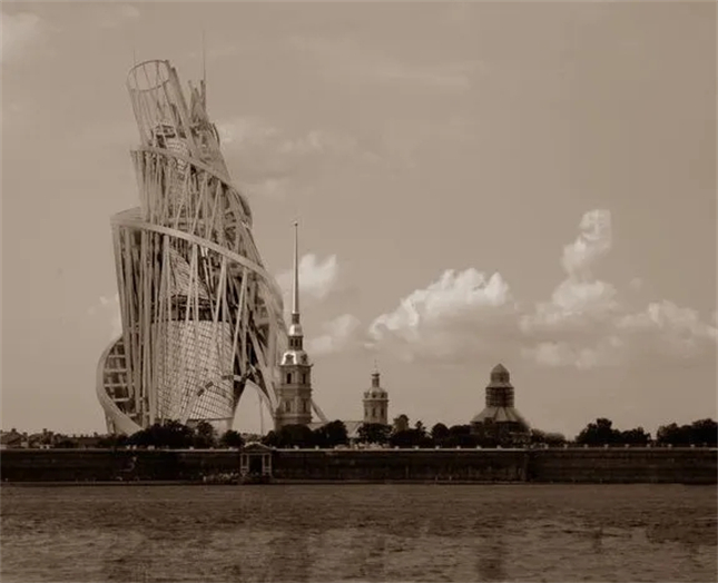 第三国际纪念塔效果图，高600米以上，具备向全球广播共产主义思想的功能，于1920年完成设计，但最终未能实施建造计划