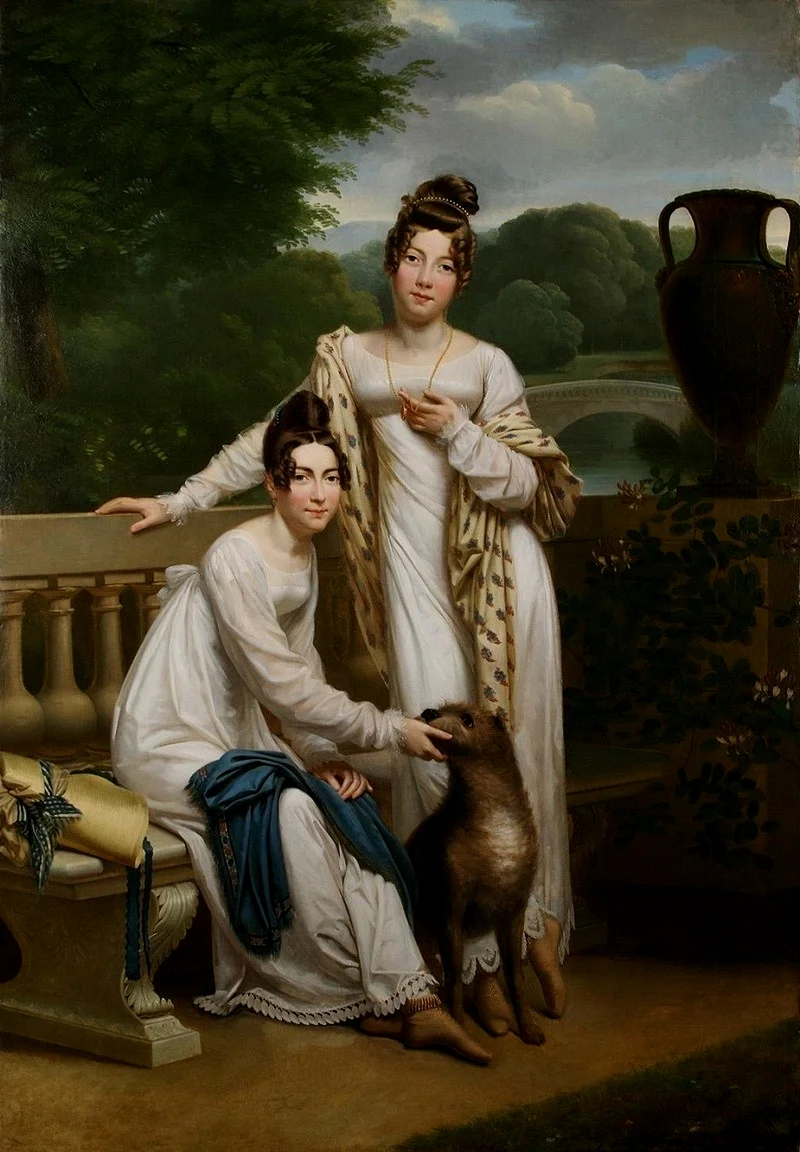 Portrait de Demoiselles de Balleroy dans un paysage avec un chien by Henri-François Riesener (1805-1815)