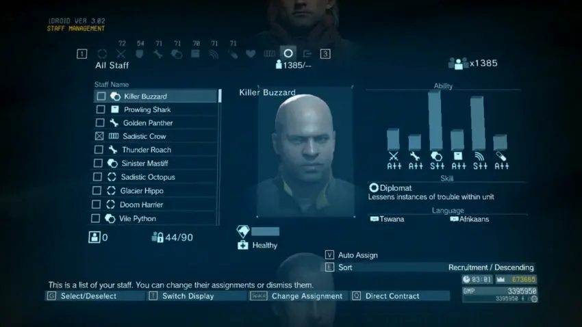 《MGSV:幻痛》人员管理界面