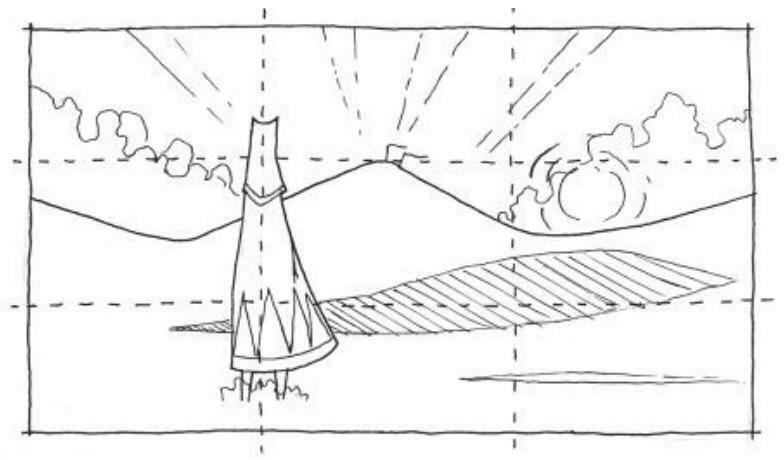 圖 4.16 這幅《風之旅人》第一關的草圖展示了視覺元素是如何在屏幕上按三等分放置的，包括玩家角色本身。偏離中心的元素將玩家的視線引向視圖中心的地標。