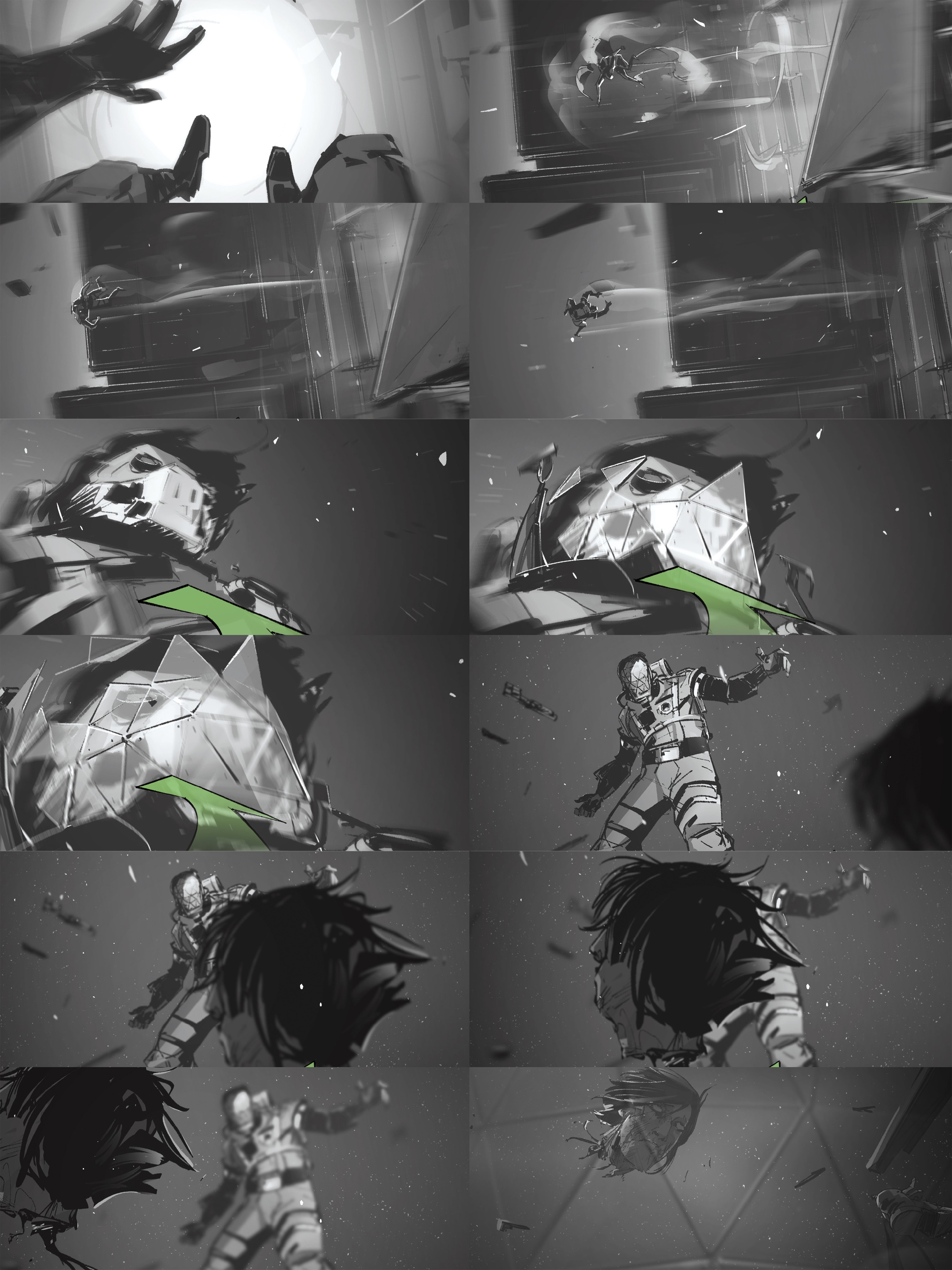 《掠食》設定稿之一。主角在被負壓拋向太空後目睹了太空中飄蕩的殘肢。