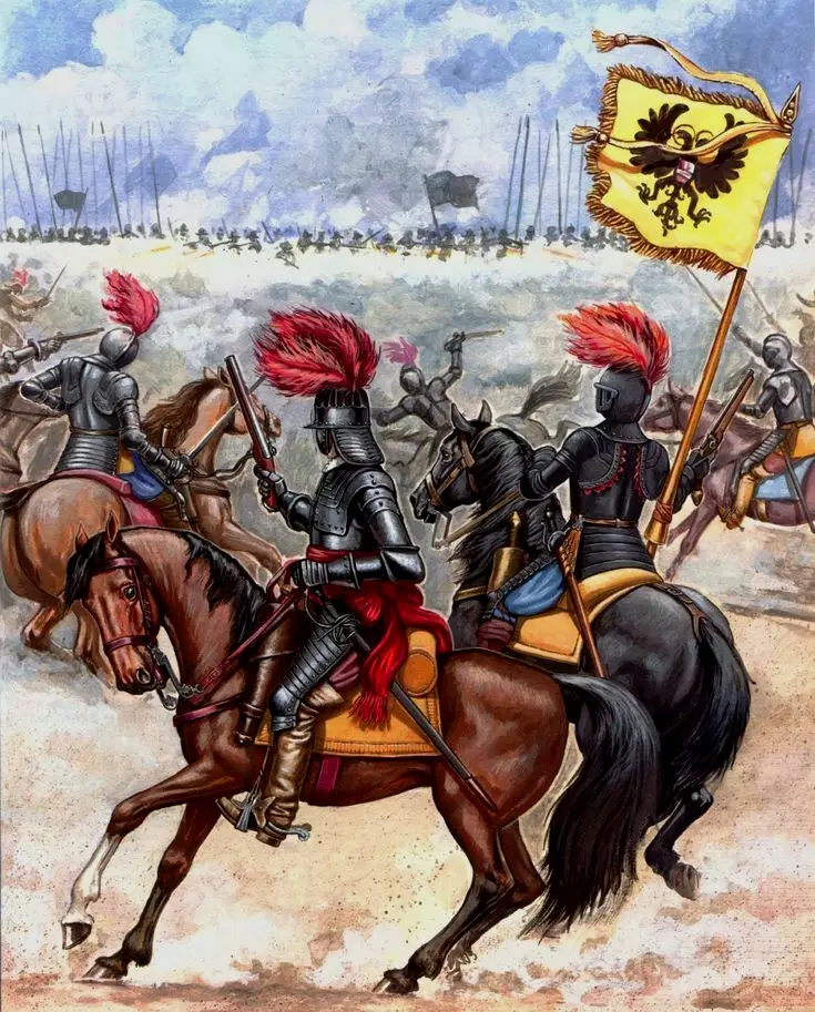 布赖滕菲尔德之战中，帕彭海姆的胸甲骑兵冲击古斯塔夫的火枪步兵