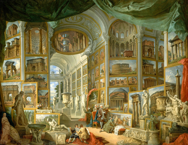 <Modern Rome现代罗马场景的画廊>乔万尼.保罗.帕尼尼,18世纪第一位也是最重要的罗马历史风景画家。