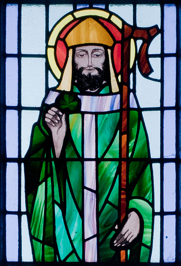 St. Patrick depicted with shamrock in detail of stained glass window in St. Benin's Church, Kilbennan, Co. Galway, Ireland（不过结合HP的世界观体系以及这本植物学小册子上的描写，也许设计者并没有考虑到三叶草宗教相关的知识部分，毕竟原册中强调了幸运的要素，以及与“Earth”完全无关的元素属性：“Air”）