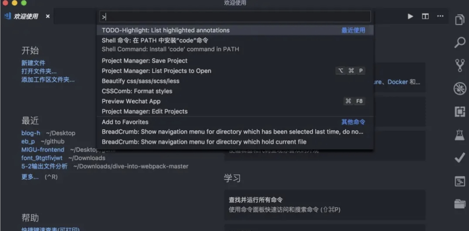 VSCODE 的命令面板可以執行很多操作