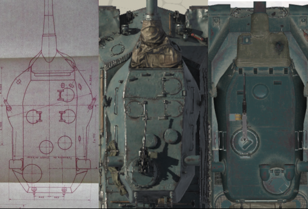 TCB炮塔草圖，洛林50T頂視圖，AMX M4 1945頂視圖對比