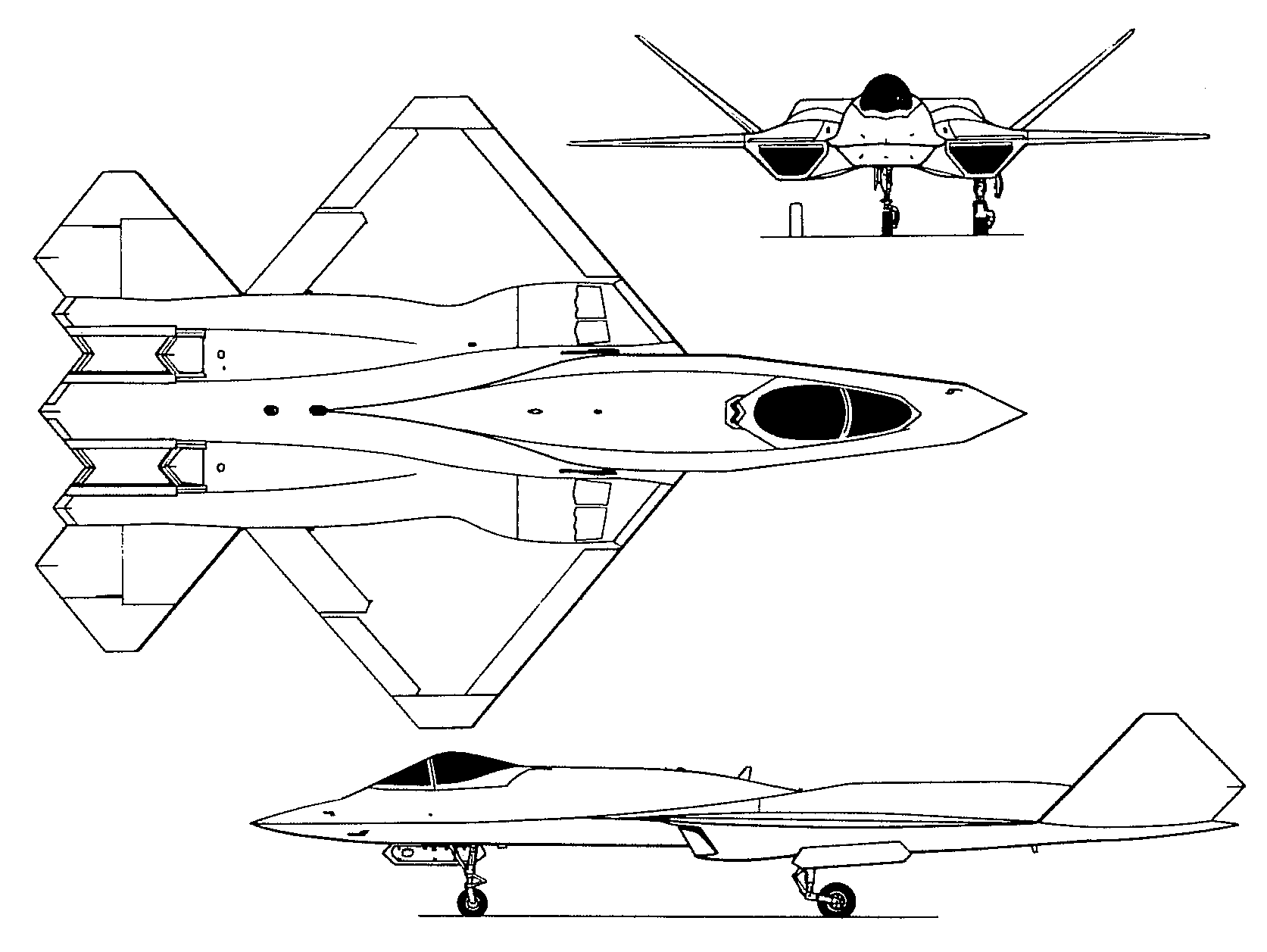 YF-23的主翼面采用了前缘后掠角与后缘前掠角都为40度的前后对称菱形设计，配合外倾角50度的V型尾翼。单就控制面数量而言，YF-23的气动控制设计要简洁得多。