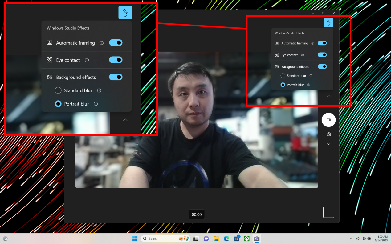 ▲笔者亲自体验了微软Windows 11内置的Camera应用里由AMD锐龙AI引擎提供的特效