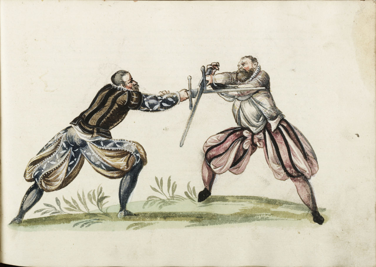图中右侧的剑士完成了一次曲击，其命中了对方的长剑并将其偏移出中线，接下来就可以继续发动斩击威胁对手