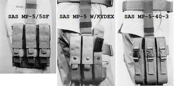 90年代Eagle Industries公司生產的三款腿掛三聯MP-5彈匣包，遊戲中偏偏用了左邊那個停產最早現在最難找的版本