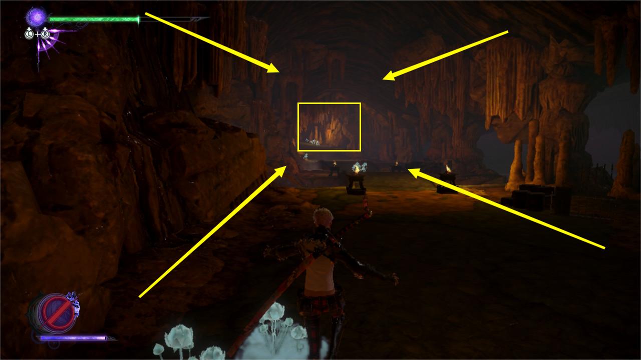 山洞內部用光線引導和路徑上的收集物讓玩家迅速找到方向