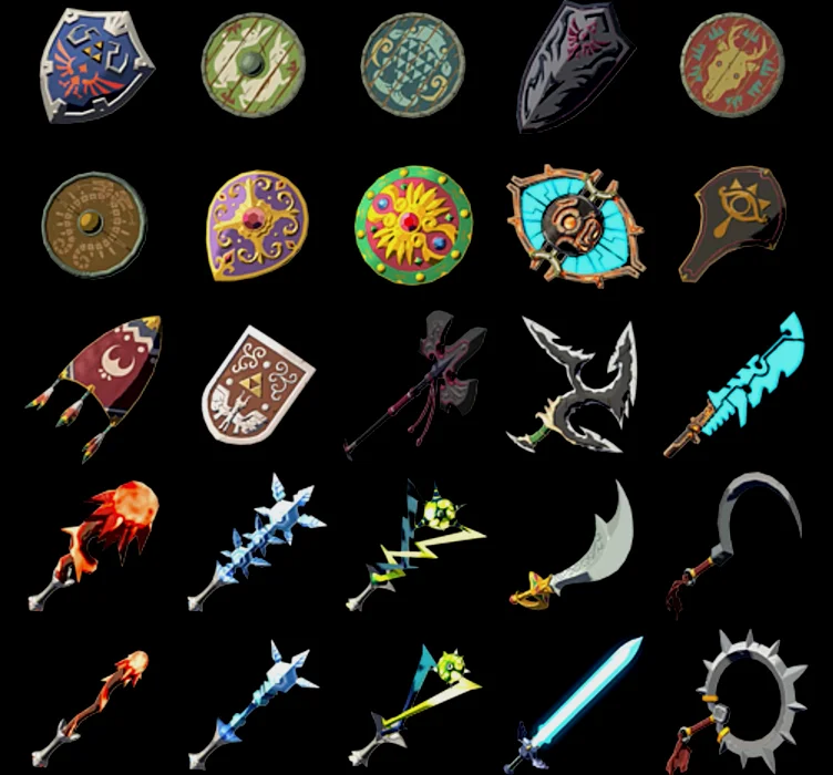 游戏内的部分武器，包含海拉尔之盾和大师之剑