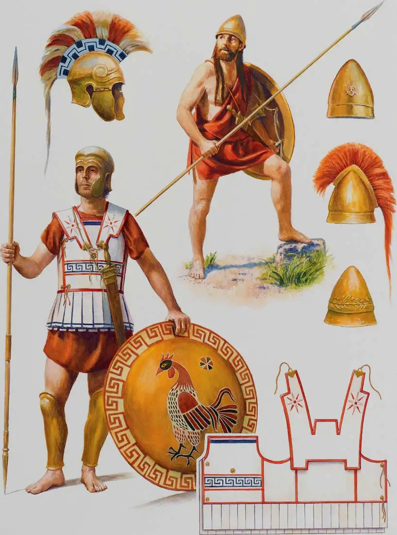 对比一下伯罗奔尼撒战争时期的斯巴达步兵（上）和其他希腊步兵（左）
