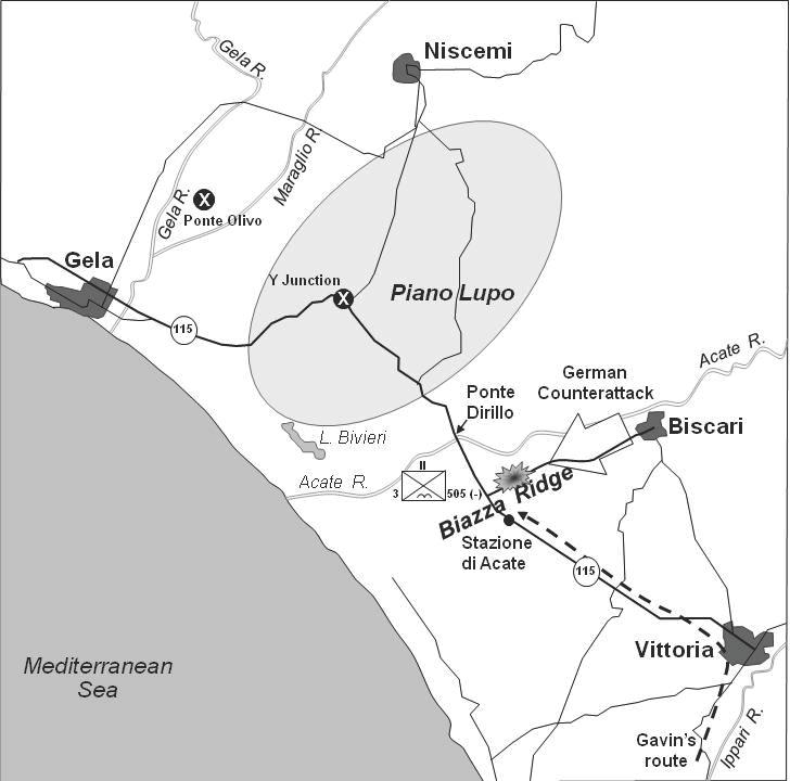 比亞扎山脊之戰地圖，戈林師的動向用白粗箭頭標出，505團的是虛線。