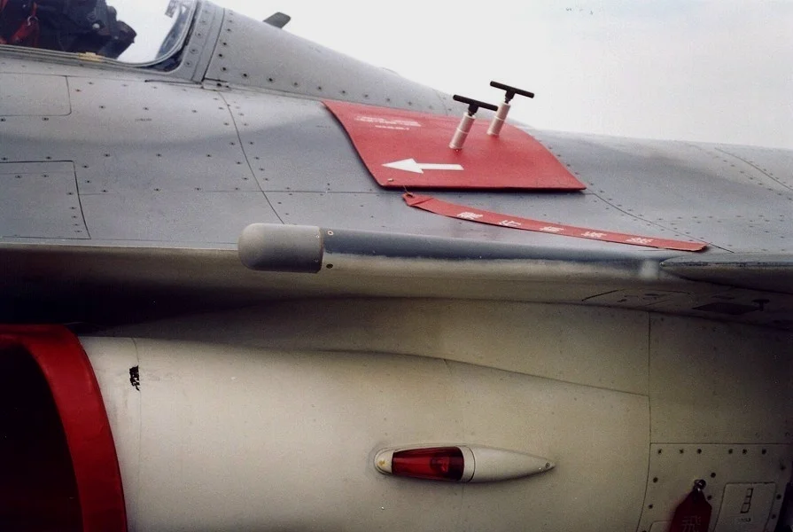 雷达告警器 (RWR)，是翼根处伸出的灰色圆柱体而不是下方的红色半透明凸起。另外，机身上方的红色方盖是航炮排烟口