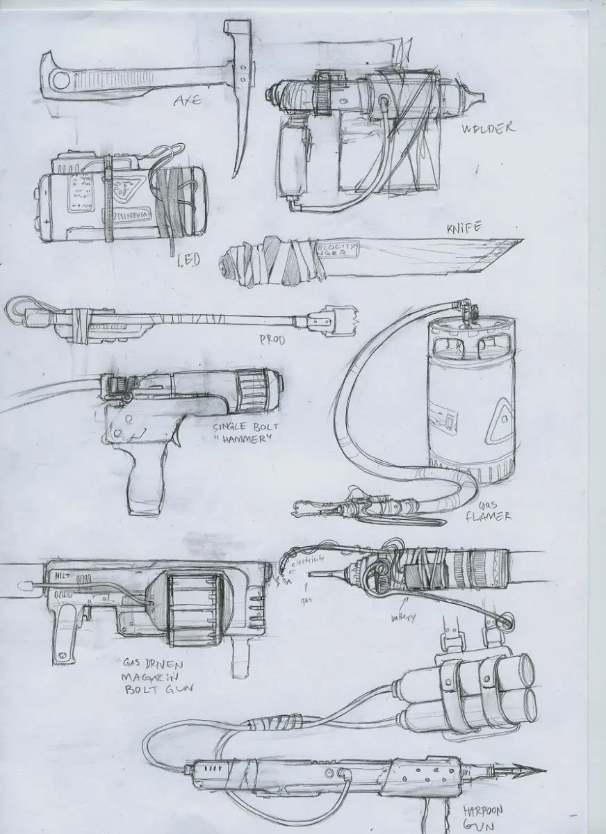 一些临时拼凑武器的草图，全部以各种工业设备和零件为部件