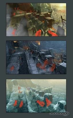 城垛的彩色设定图，分别处于三个不同的天气环境下：晴天、雨天和雪天。