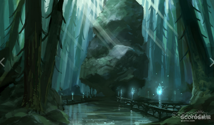 森林的深处，一条被水晶点亮的木质走廊跨过湖水通往中心的巨树。