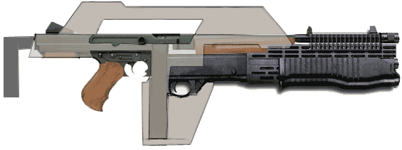 M41A的道具结构，10mm脉冲步枪和30mm下挂榴弹发射器实际上分别由汤姆逊M1冲锋枪和削短的SPAS12霰弹枪组成