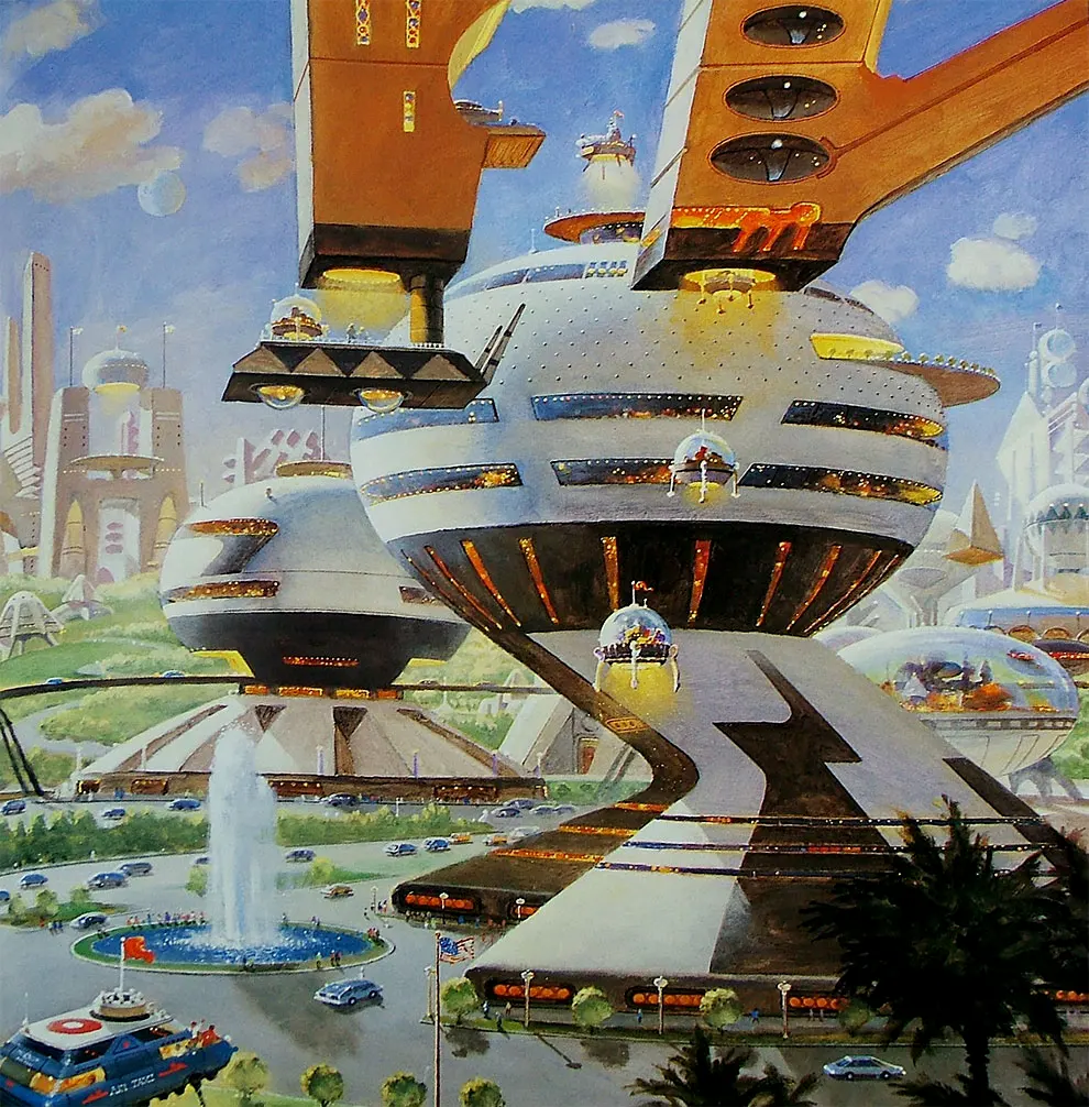 黄金年代、太空时代对未来的璀璨幻想，启发了早期的复古未来主义。如今已经成为了复古未来主义的一个标志。