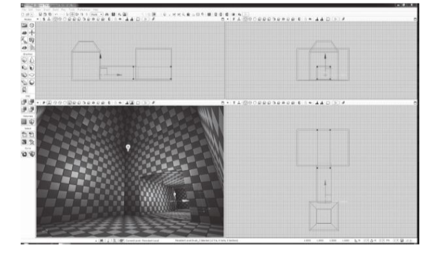 图2.50：编辑空房间时的 UDK 界面截图。表面上的方格显示了纹理如何在引擎内对象上自动平铺，从而大大减少了对环境几何体 UV 贴图的需求。