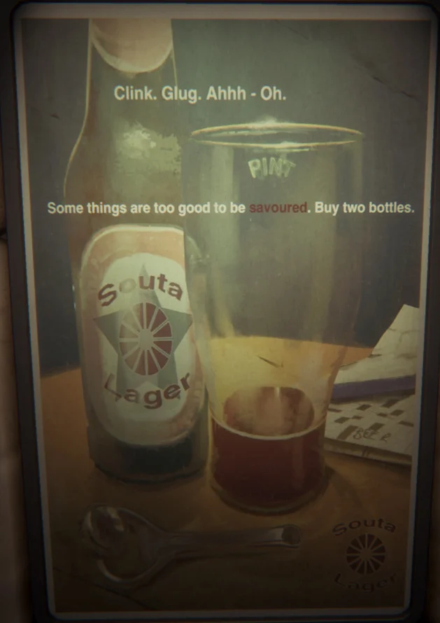 同为苏塔公司出品的苏塔淡啤酒（Souta Larger）。“有些东西美妙到你来不及细细品味，那就干脆豪饮两瓶吧”